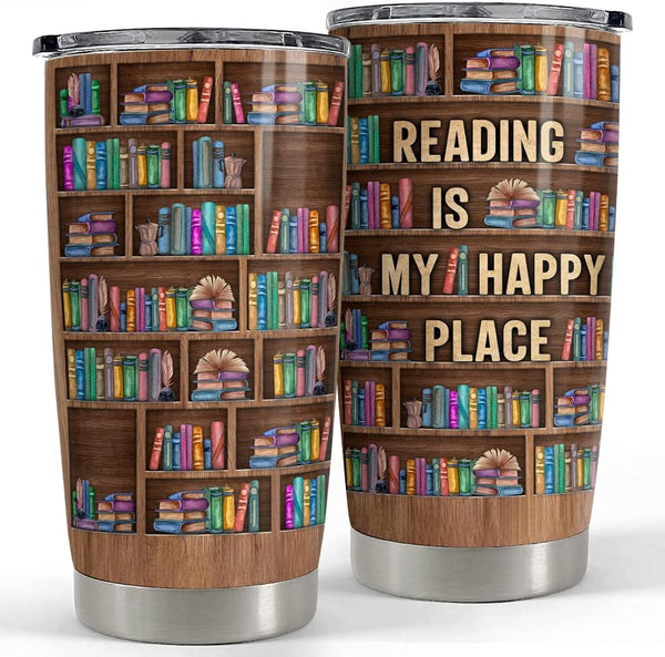 SANDJEST Book Lovers Tumbler Bookshelf 20oz Tumblers with Lid Gift for Librarian