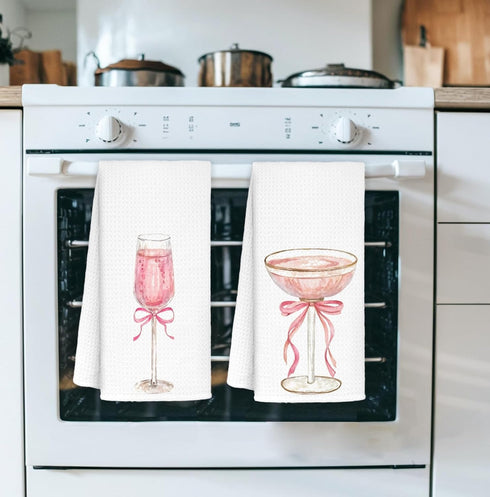 AQYIP 16x24 Inch Set 2 Pink Bow Champagne Kitchen Towels, Coquette Pink Kitchen Decor, Alcohol Gifts Hand Towels