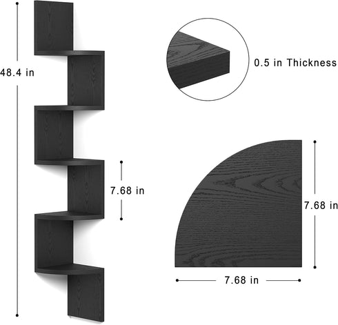 GREENDEW 5-Tier BLACK Floating Corner Shelf by - Stylish Wood Display for Home & Office