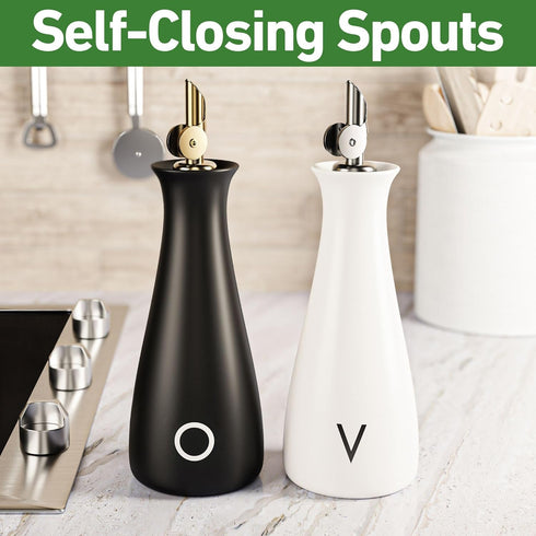 Set 530 ML Set 2 Set Oil and Vinegar Dispenser with Self-Closing Stainless Steel Spouts - Capacity Matte Ceramic Leak