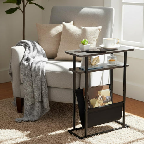 Narrow Small Side Table for Small Spaces - Slim End Table with Magazine Rack - Narrow End Table Living Room Couch Side