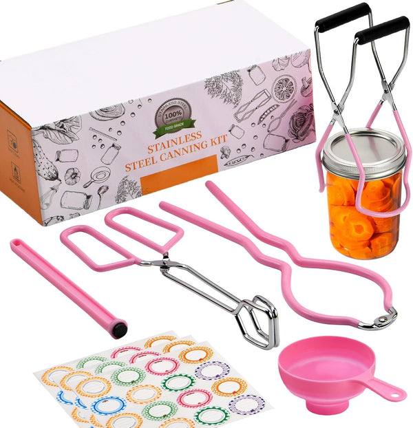 Home Canning Supplies Starter Kit, Food Grade Stainless Steel Canning Tools Set for Beginners, Pink