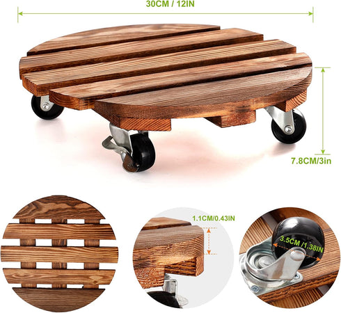 2-Pack 12" 2 360 HOHY Plant Caddy Plant Stand with Wheels Heavy Duty Wood Rolling Plant Stand with Lockable