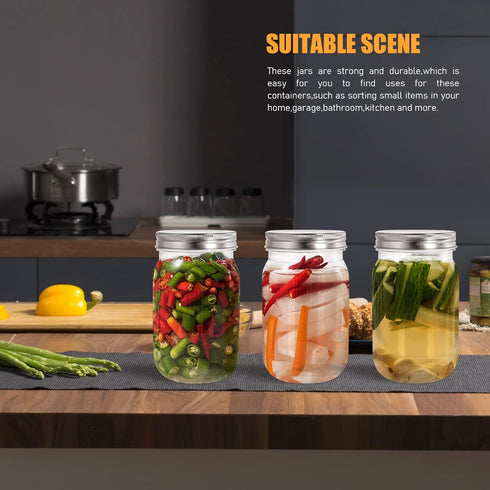 6 Pack 16 Ounce Clear Plastic Mason Jars Containers with Screw Sealing Metal Tinplate Lids, Refillable Empty PET