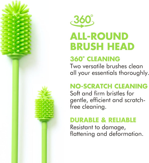 GrandTies Silicone Bottle Cleaning Brush Set | Extra Long Bottle Brush for Narrow Neck Bottle, Water Bottle, Cup, Mug, Blender Bottle, Tumbler, Hydro Flask, Baby Bottle, Wine Glass (Fresh Mint)