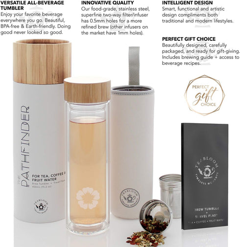 15 oz 450 ml Teabloom All-Beverage Tumbler / Tempered Glass Travel Bottle Hot and Cold Tea Infuser Cold-Brew Coffee