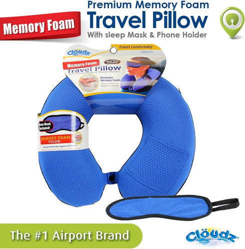 Cloudz Memory Foam Neck Pillow with Sleep Mask, Sporty Blue/Black Plush