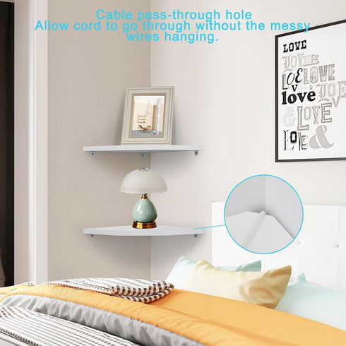 Corner Wall Shelves Set of 2, Rustic Wood Floating Shelves with Cable Raceway for TV Accessories and Baby Monitor