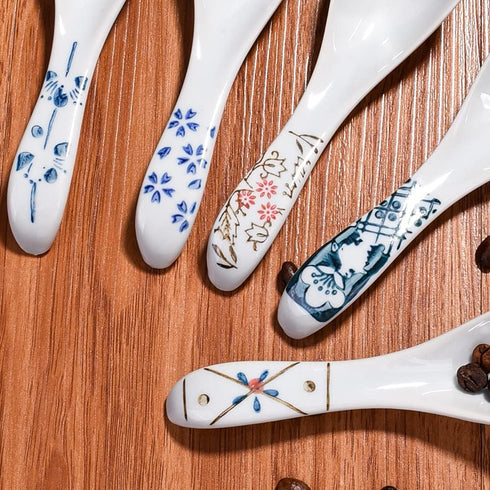 Japanese Style Set of 5 Soup Spoons, Asian Ceramic Ramen Spoons