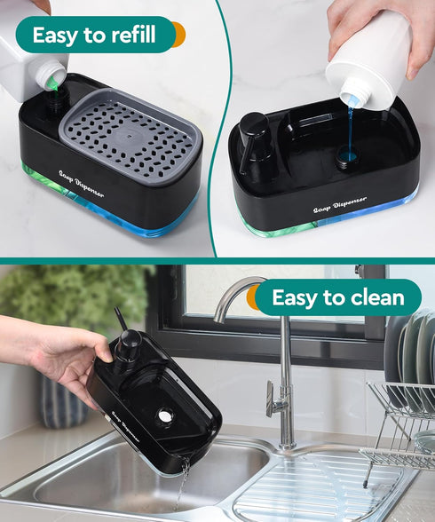 Kitchen Dish Soap Dispenser Set, 3-in-1 Countertop Sponge Dual Soap Pump Dispenser with Holder for Kitchen Sink - Black