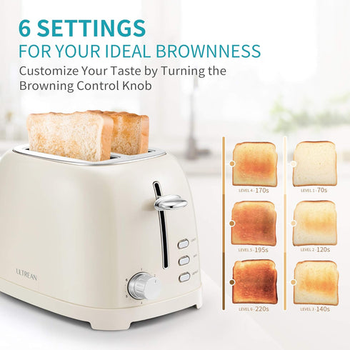 Ultrean Toaster 2 Slice, Stainless Steel with Extra-Wide Slot, Removable Crumb Tray, 6 Browning Settings, 825 W