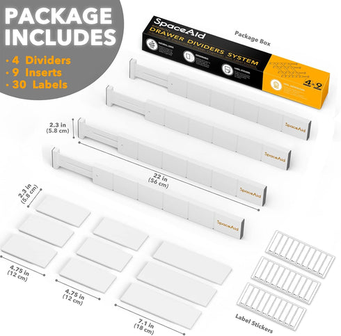 SpaceAid Bamboo Drawer Dividers with Inserts, Adjustable Kitchen Organizers, 4 Dividers (17-22 in, White)