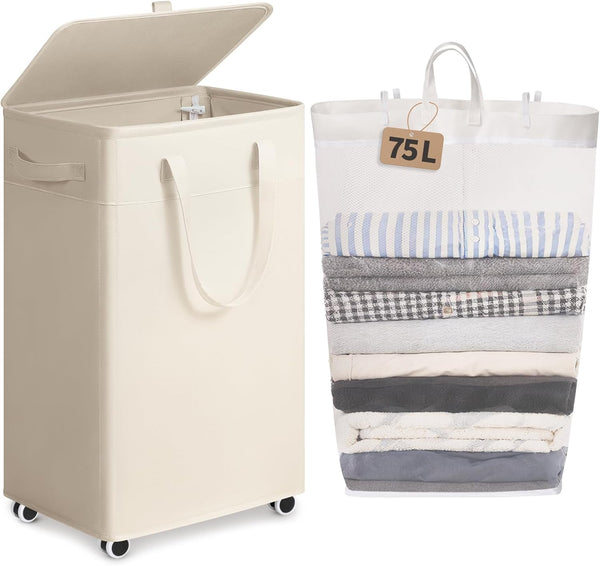 Goodpick White Laundry Basket with Wheels, 75L Rolling Laundry Hamper for Bedroom