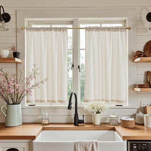 jinchan Beige Kitchen Curtains, Linen Tier Curtains 45 Inches, Farmhouse Cafe Light Filtering Flax Country Rustic 2
