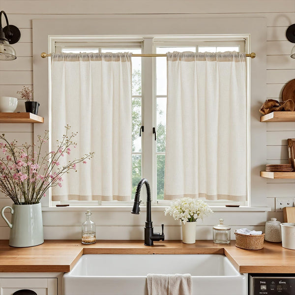 jinchan Beige Kitchen Curtains, Linen Tier Curtains 45 Inches, Farmhouse Cafe Light Filtering Flax Country Rustic 2