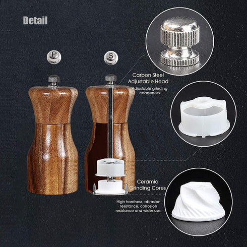 Acacia Wood Salt and Pepper Grinder Set, Manual Pepper Mill, Refillable, Adjustable Coarseness with Wooden Stand
