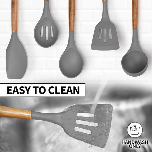 Zulay Kitchen Utensils Set, 5 Piece Non-Stick Silicone Cooking Utensils with Acacia Wood Handles, Gray