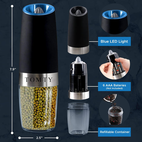 Gravity Electric Salt and Pepper Grinder Set, Battery Operated Shakers, Ideal Gifts for Cooking and Grilling