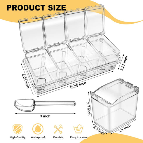 4 Set 16 10 4 3.3 Inch Bokon Acrylic Clear Seasoning Box with Spoon, Pcs Kitchen Seasoning Organizer Box Spice Pots