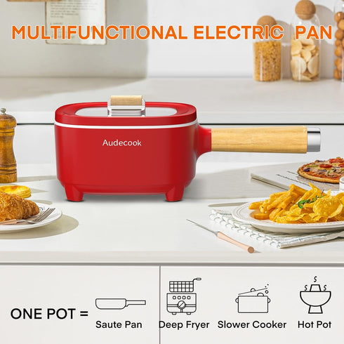Audecook Electric Hot Pot, 2L Ceramic Glaze Non-Stick Frying Pan, Portable Cooker for Ramen, Steak, Oatmeal, Soup