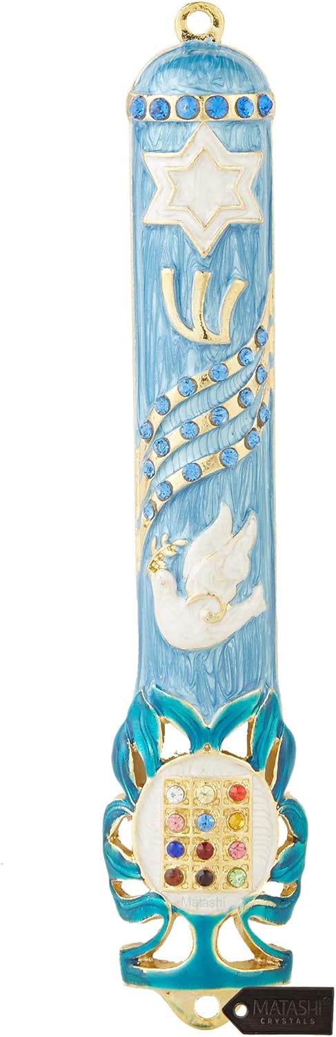 Matashi Hand Painted 5.7" Blue Dove Mezuzah - Gold Accents and Star of David with Crystals, Home Decor Gift
