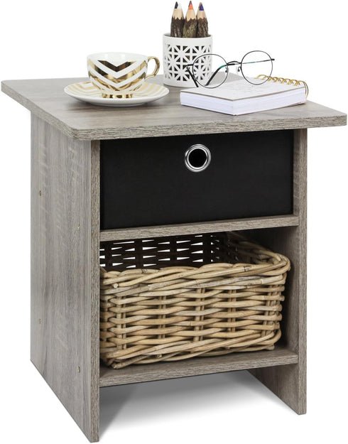 Furinno Dario End Table / Night Stand with Bin Drawer, 1-Pack, French Oak Grey/Black