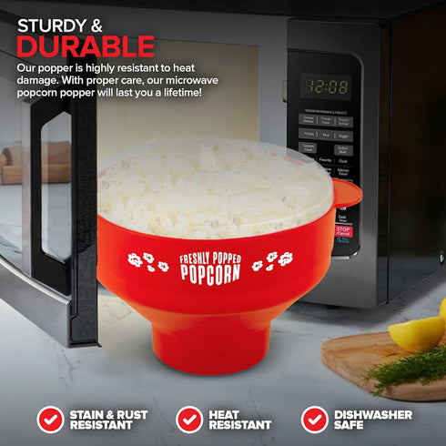 Silicone Microwave Popcorn Popper (Red), Collapsible Air Popper with Lid, Reusable, BPA-Free, Dishwasher Safe