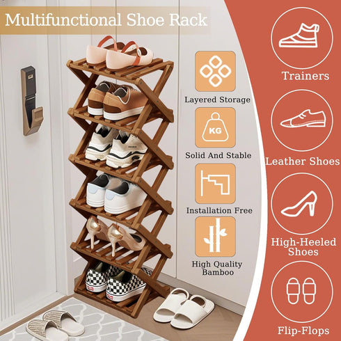 Closet Colors,5 Comeon Bamboo Shoe Rack, Foldable Vertical Shoe Rack for Front Door Entrance Narrow Shoe Organizer