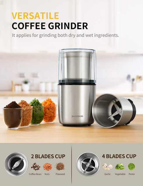 2 SHARDOR Electric Coffee Grinder Herb Blade Grinder Spices Grinder with Removable Stainless Steel Bowls, Silver