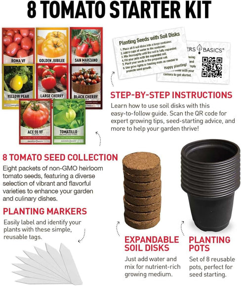 8 Tomato Growing Kit Grow Varieties of Delicious Tomatoes Non-GMO Heirloom Seeds, Complete Indoor & Outdoor Tomato Seed