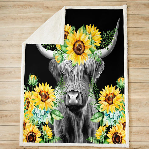 87"x95" Highland Cow Fleece Throw Blanket Sunflower Floral Western Cow Bull Sherpa Blanket for Bed Couch Sofa Girls