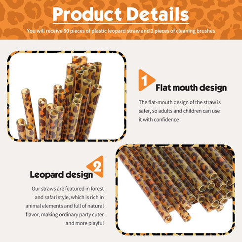 Leopard Straws Bulk, Reusable Plastic Cheetah Animal Straws with Cleaning Brush for Women Tumblers, 27 Pieces