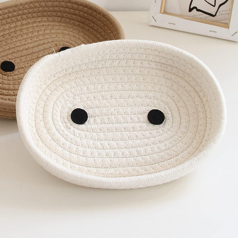 Handmade Cotton Rope Storage Basket with Lid, White Rope Bin for Makeup, Sundries, Snack, Needles - Desktop Storage Box