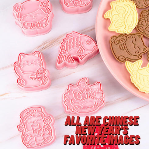 Crethinkaty 6pcs Chinese New Year Cookie Cutters - 3D Biscuit Mold Fondant Molds for Chinese New Year Bakeware