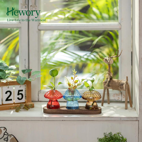 Set 3 Glass Propagation Station for Plant: Mushroom Planter with Wooden Stand for Home Office Decor - Unique