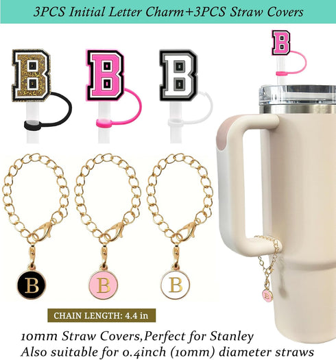 (3 +3) 3PCS Nuozme Straw Cover 10mm for Stanley Tumbler Cup, Reusable Straw Cap Topper with 3 Initial Letter Charms,