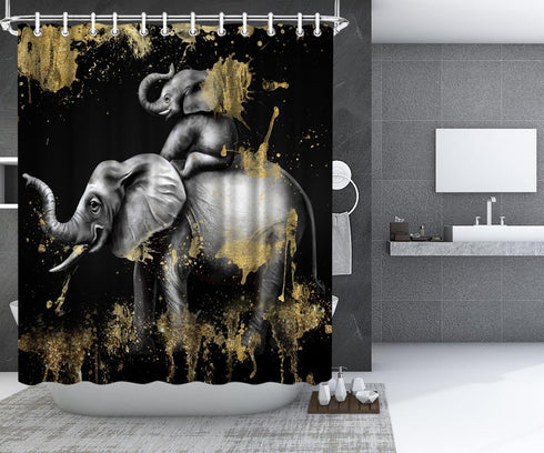 FuShvre Elephant Shower Curtain, Black and Gold Bathroom Decor with Hooks Included, 72"x 72"