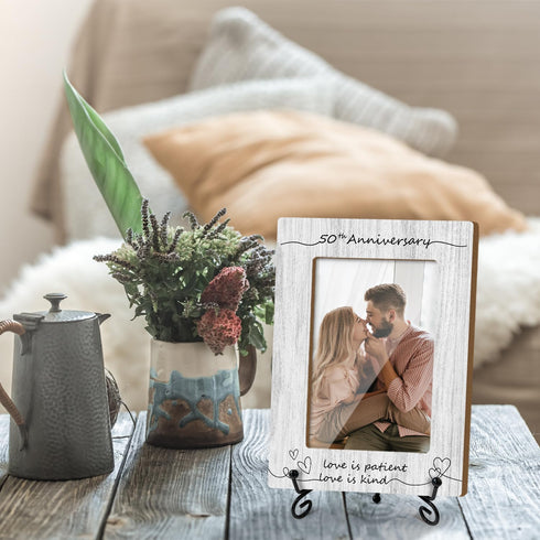 Wooden Photo Frame with Iron Stand, Anniversary Wedding Gifts for Mr And Mrs Couples, Home Table Decoration (4x6"