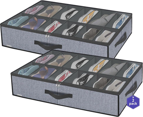 Onlyeasy Large Under Bed Shoe Organizer (12 Pairs x 2) with Metal Zipper, 2 Handles, Breathable, Linen-like Grey