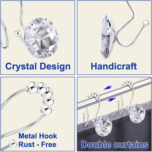 Shower Curtain Hooks Rings, 12PCS Double Hooks Glide Anti Rust Crystal Rhinestones for Shower Curtains