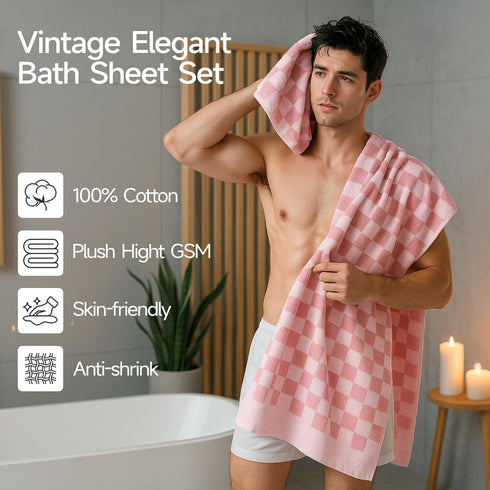 2 Set 27x55 600GSM REDKISS Piece Pink Checkered Bath Towels - Highly Absorbent Pink Cotton Towels for Bathroom