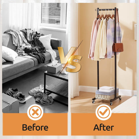 63 Inch 110lbs, LiaMeE Tall Clothes Rack with Wheels, Heavy Duty Metal Garment Rack with Shoe Shelf, Rolling Clothing