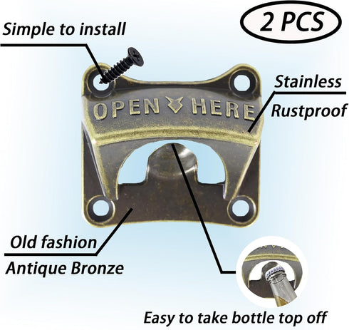 Wall Mounted Bottle Opener Rustproof, Square Old Style Beer Bottle Opener Mountable, Antique Bronze Stationary Beer Cap Opener Mounted Outdoor (Pack of 2) by Luwanburg