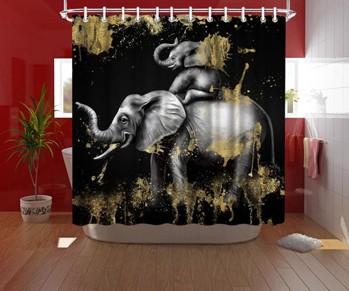 FuShvre Elephant Shower Curtain, Black and Gold Bathroom Decor with Hooks Included, 72"x 72"