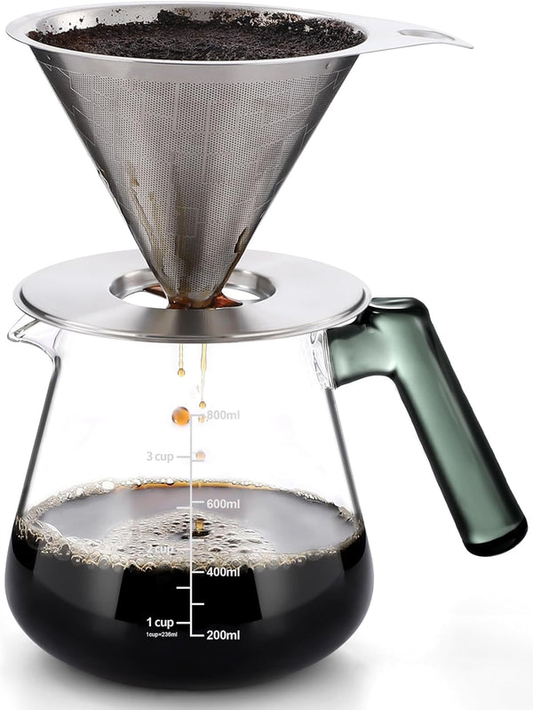 Aquach Pour Over Coffee Maker, 828ml (28oz) Glass Coffee Server, Paperless Dripper, Stainless Steel Set