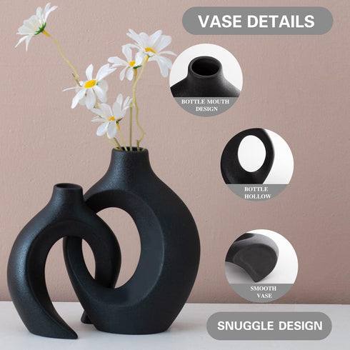 Set 2, Liotww Black Vases Home Decor of Ceramic Black Small Flower Vase, Minimalist Boho Decorative Modern Donut Vase