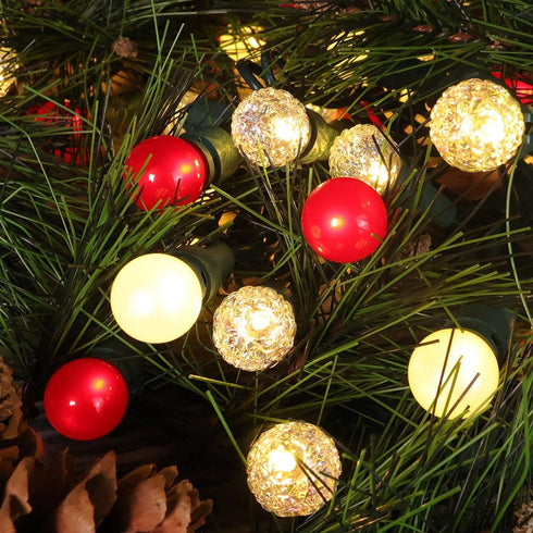 G15 70 19FT Red and White Christmas Lights Outdoor Pearlized Glass LED Mini Globe String Lights for Christmas Tree