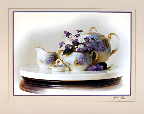 Country Wall Decor Art Print Poster, Violets Flowers & Kettle Tea Pot Still Life (16x20)
