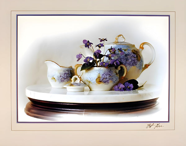 Country Wall Decor Art Print Poster, Violets Flowers & Kettle Tea Pot Still Life (16x20)
