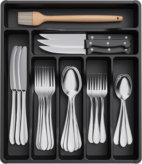 Lifewit Black Silverware Drawer Organizer Tray, 7 Compartment Plastic Cutlery Storage for Kitchen Drawer